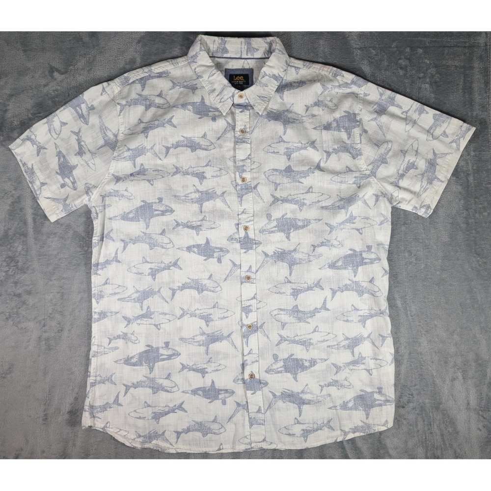 Lee Mens 2XL Shark Orca Print Short Sleeve Button Down Cotton Shirt White Blue